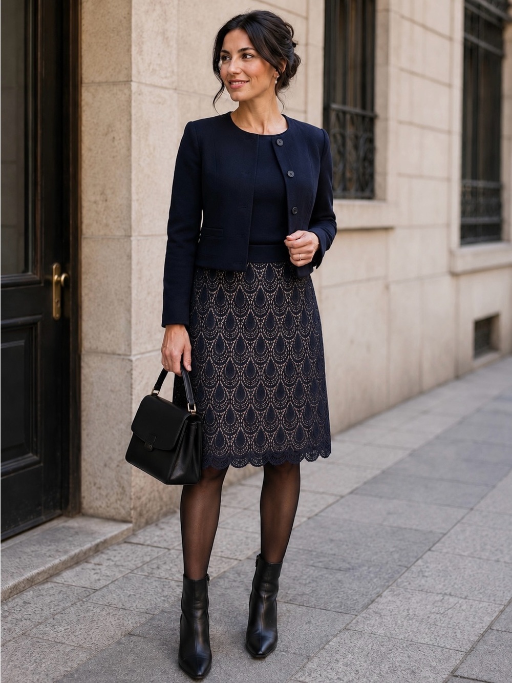 Ann Taylor Teardrop Lace Skirt Scalloped Hem Navy Blue Size 8